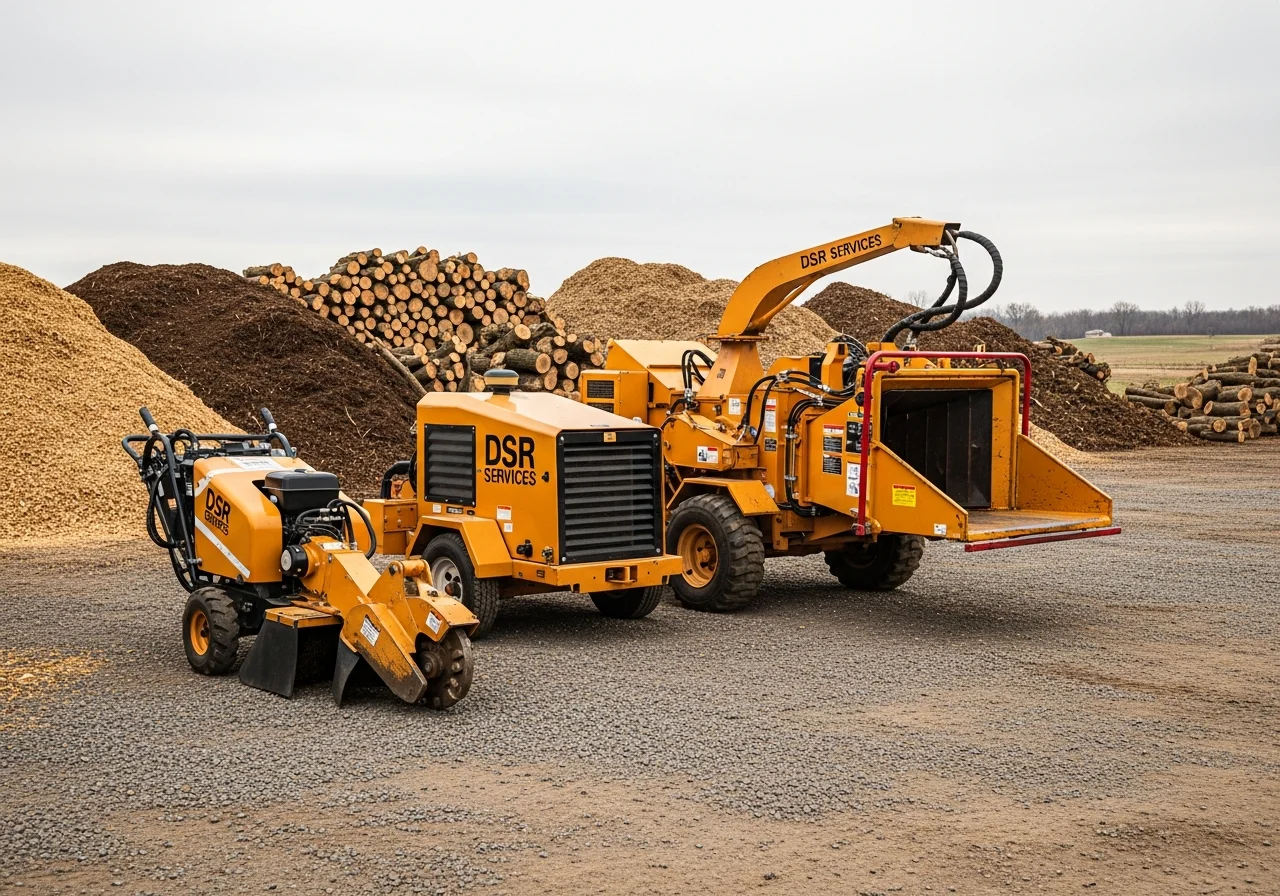 Outdoor equipment and tools arranged on a work site, showing the machinery and materials used for land clearing and property maintenance services.
