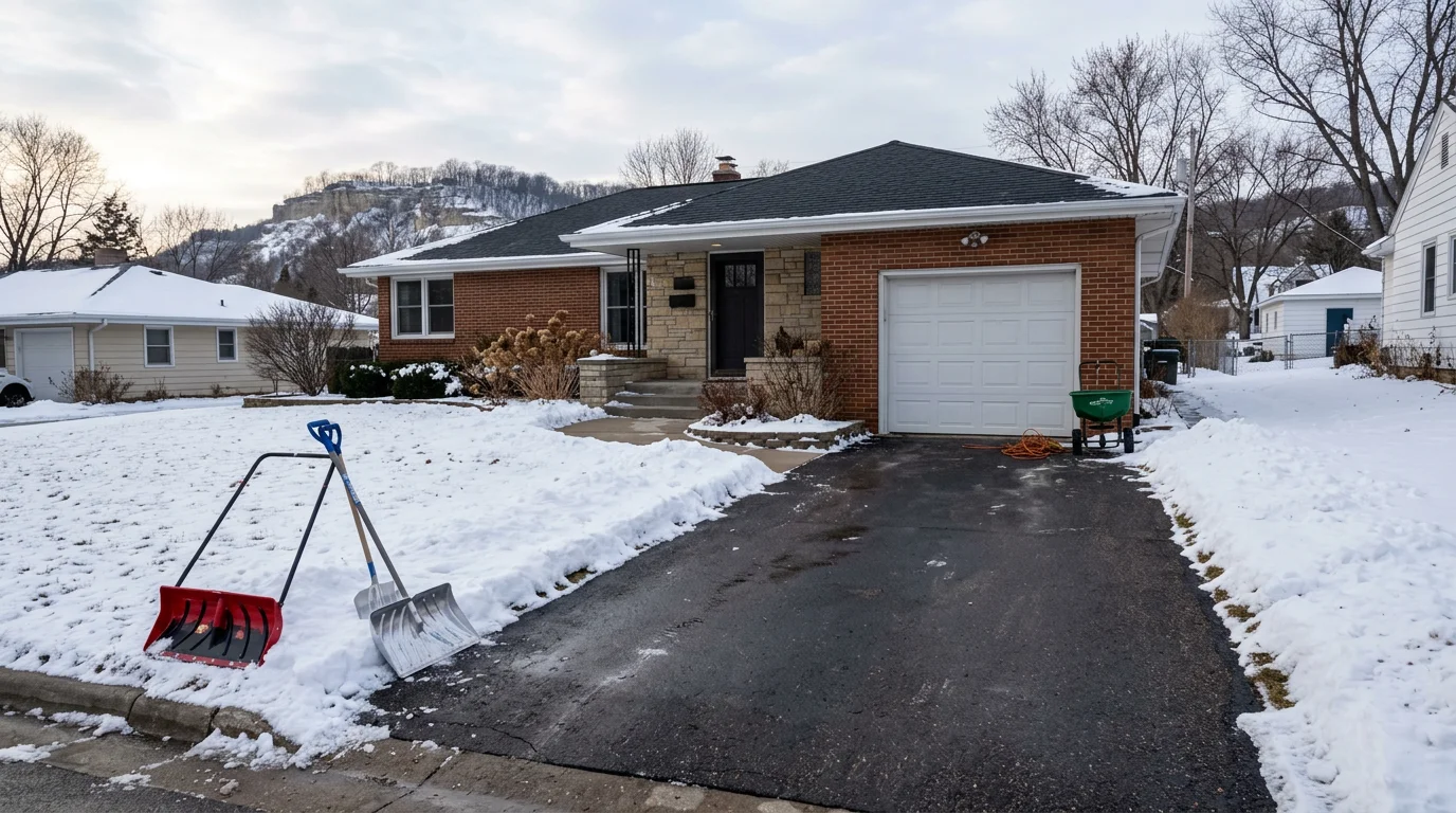 Snow removal equipment clearing a residential driveway in Winona, Minnesota
