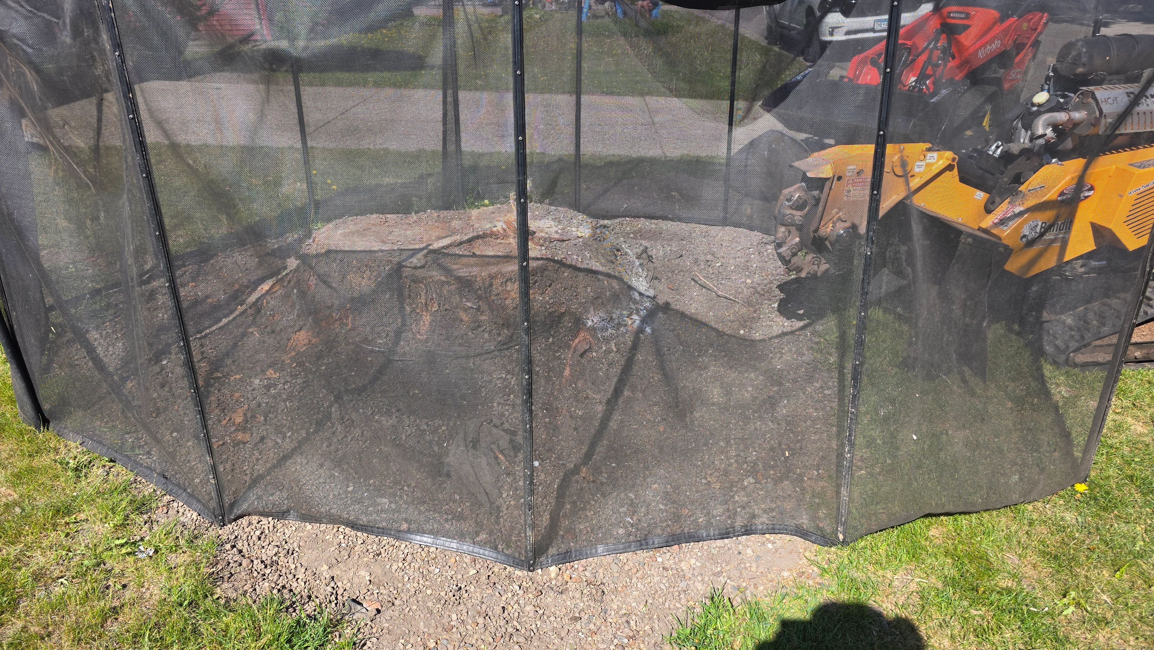 Large tree stump ground down with wood chips and debris, surrounded by black safety netting