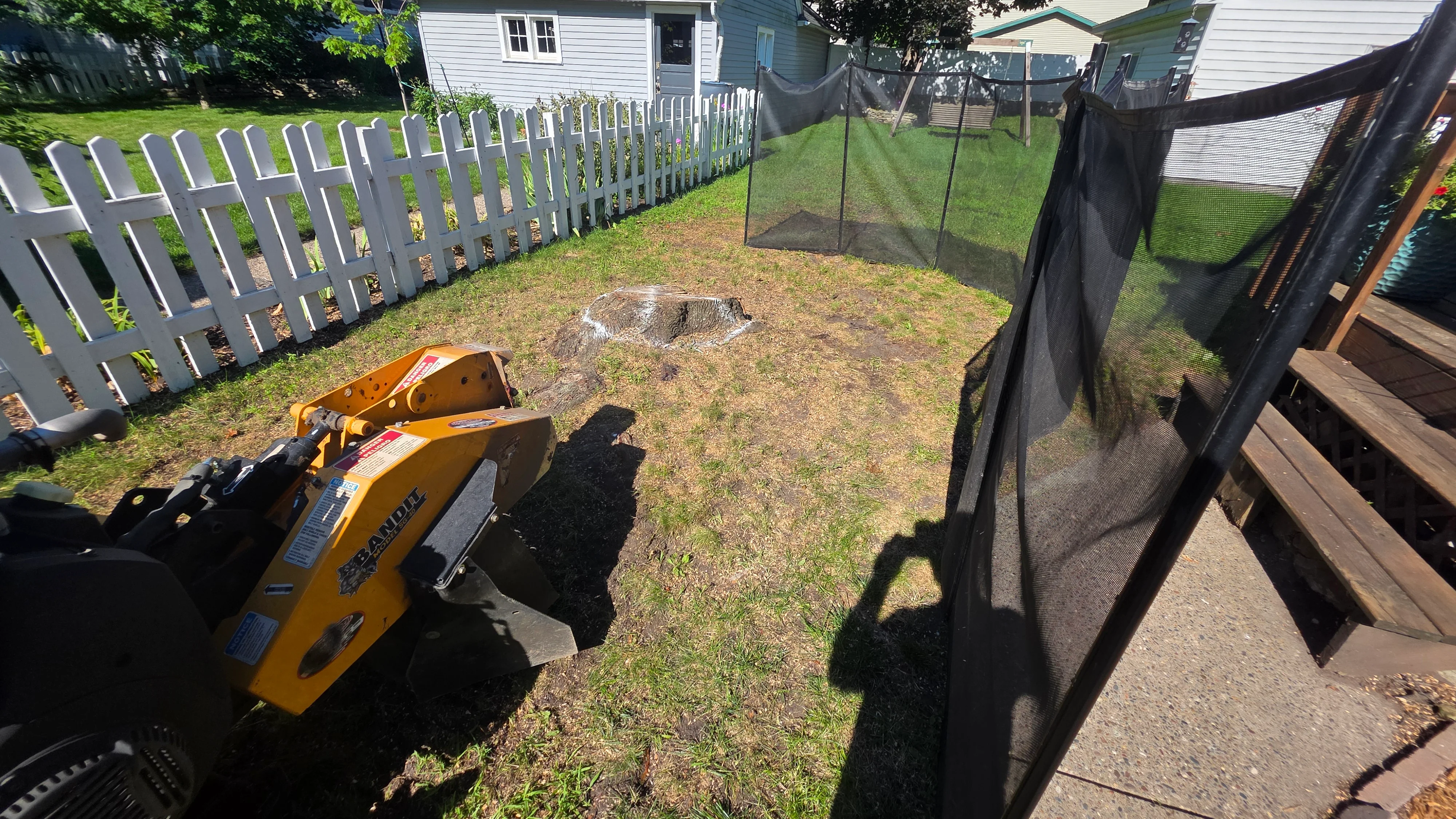 Yellow stump grinder on residential lawn with white picket fence and cleared yard area