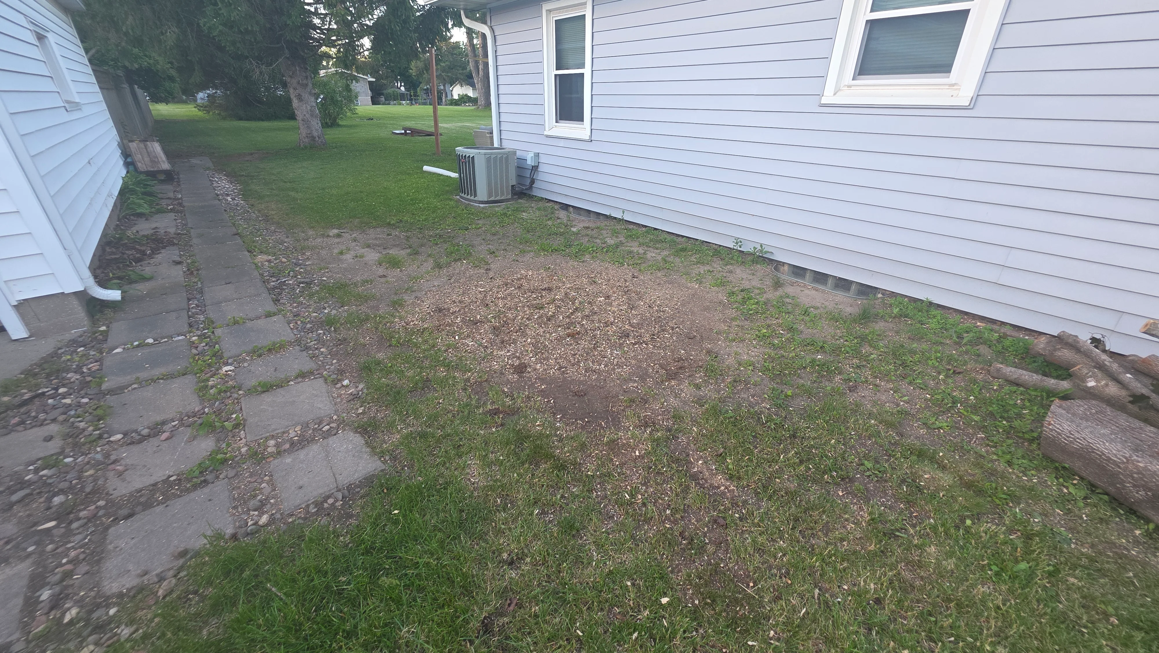 Cleared residential yard with graded soil, grass edges, and concrete stepping stone path between houses