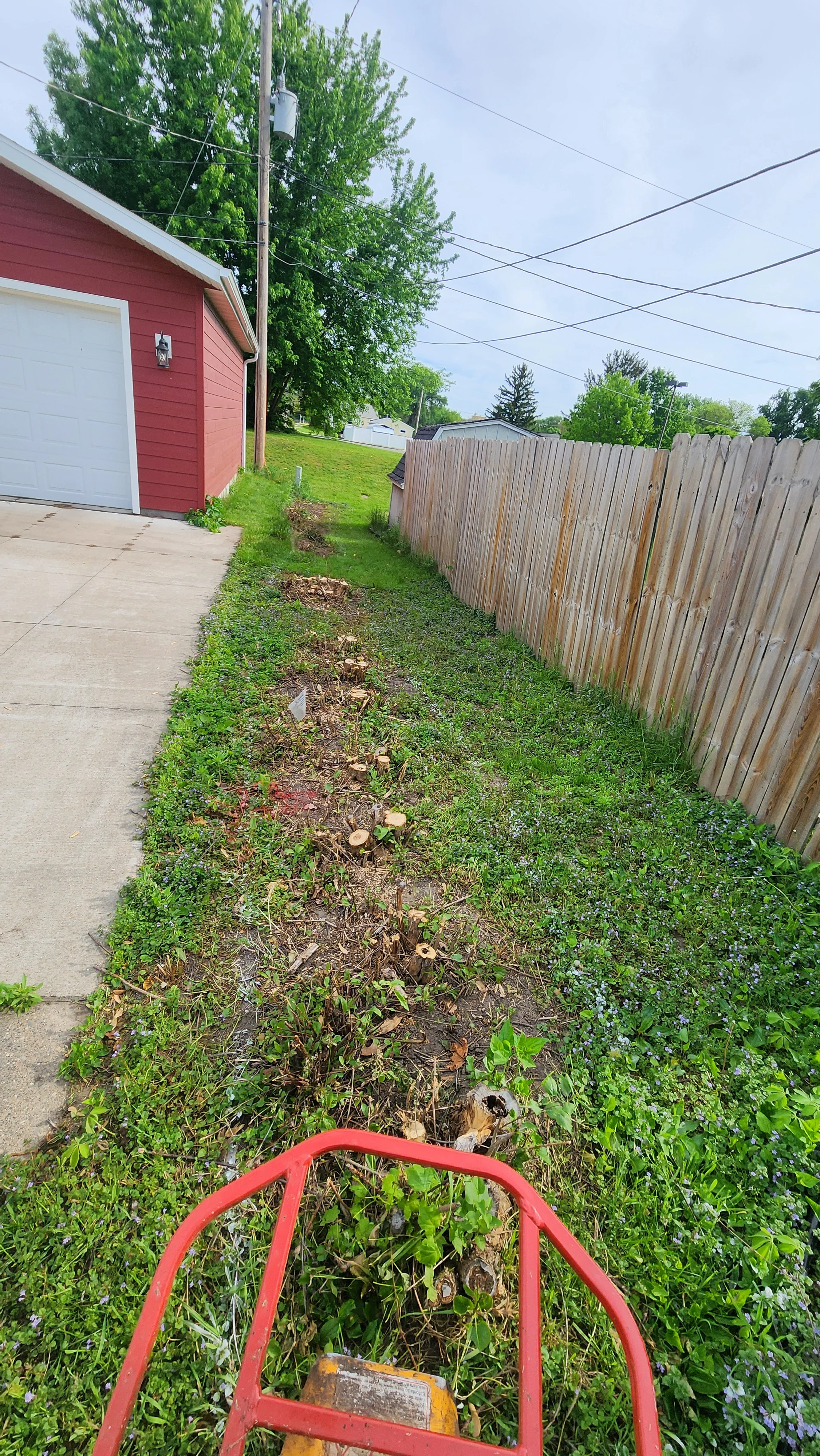 Cleared side yard with removed vegetation and debris, wooden fence, red garage structure