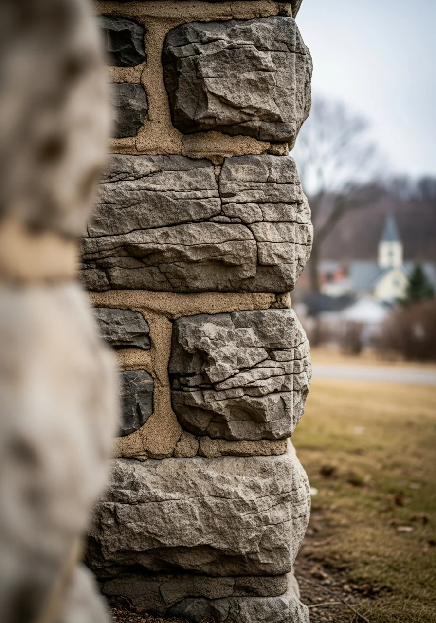 Close-up of foundation work on a historic Winona home with limestone bluff landscape.