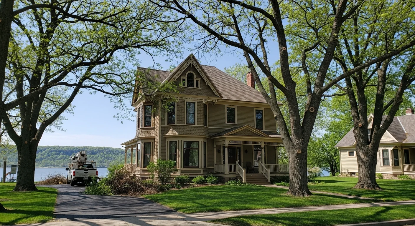 Residential home in Winona with Mississippi River bluffs visible in the background under clear sky.