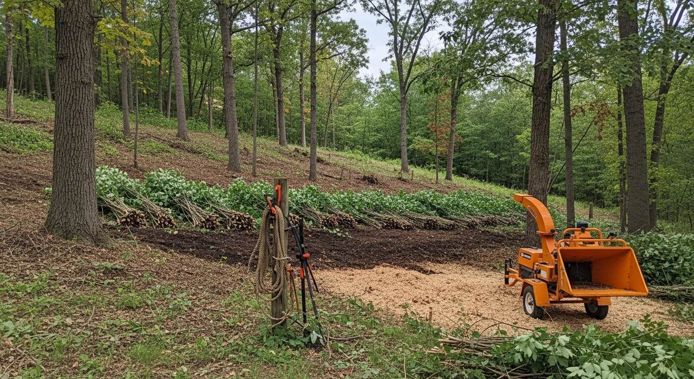 A cleared residential lot in Winona, MN showing cut brush and removed saplings along a sloped property edge. Dense undergrowth has been removed from a fence line, leaving open, accessible ground on a Winona County parcel.