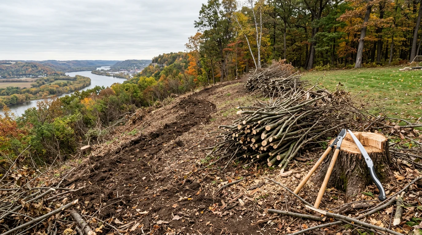 A cleared residential yard in Winona, MN showing cut stumps and open ground where dense brush and overgrown shrubs have been removed. The surrounding bluff terrain is visible in the background.