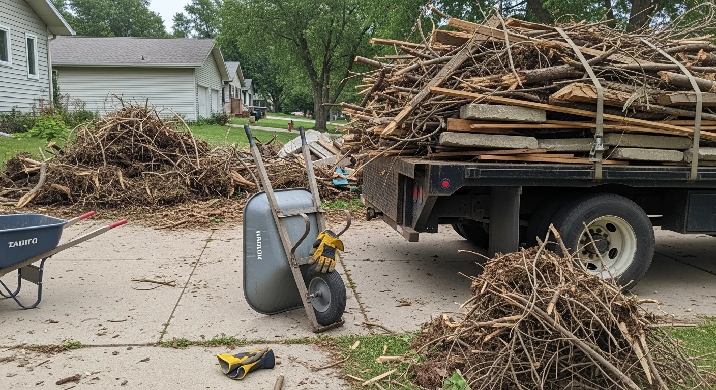 A cleared residential yard in Winona, MN after debris removal, with a clean driveway and no remaining piles of branches or rubble. A DSR Services truck is visible near the property during the haul-away process.