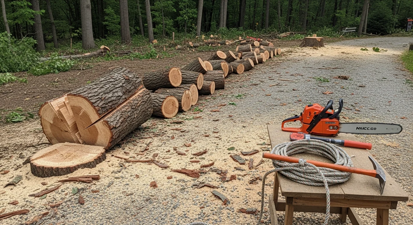 A large storm-damaged hardwood tree cut into sections and cleared from a residential yard in Winona, MN. The tree has been removed from the roofline of a single-family home with debris stacked at the curb for hauling.