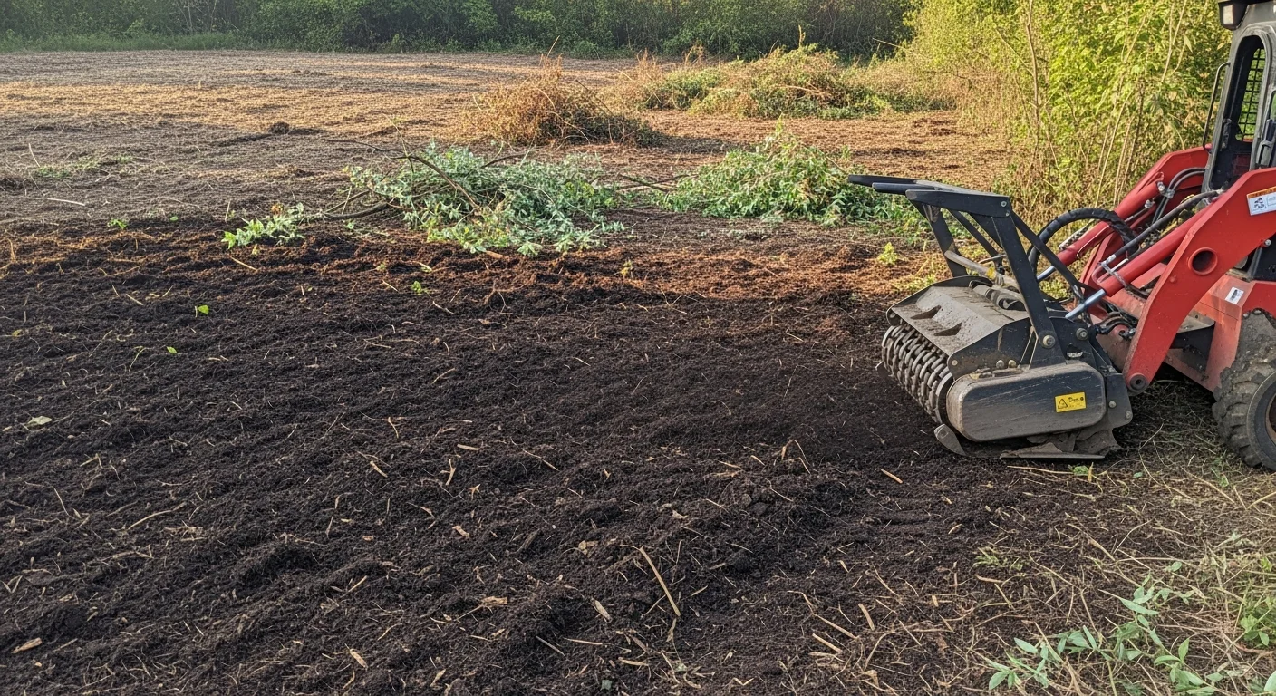 A forestry mulching machine clearing dense brush and saplings on a sloped rural property near Winona, MN. The cleared ground shows a layer of fresh wood mulch with open land visible beyond the tree line.