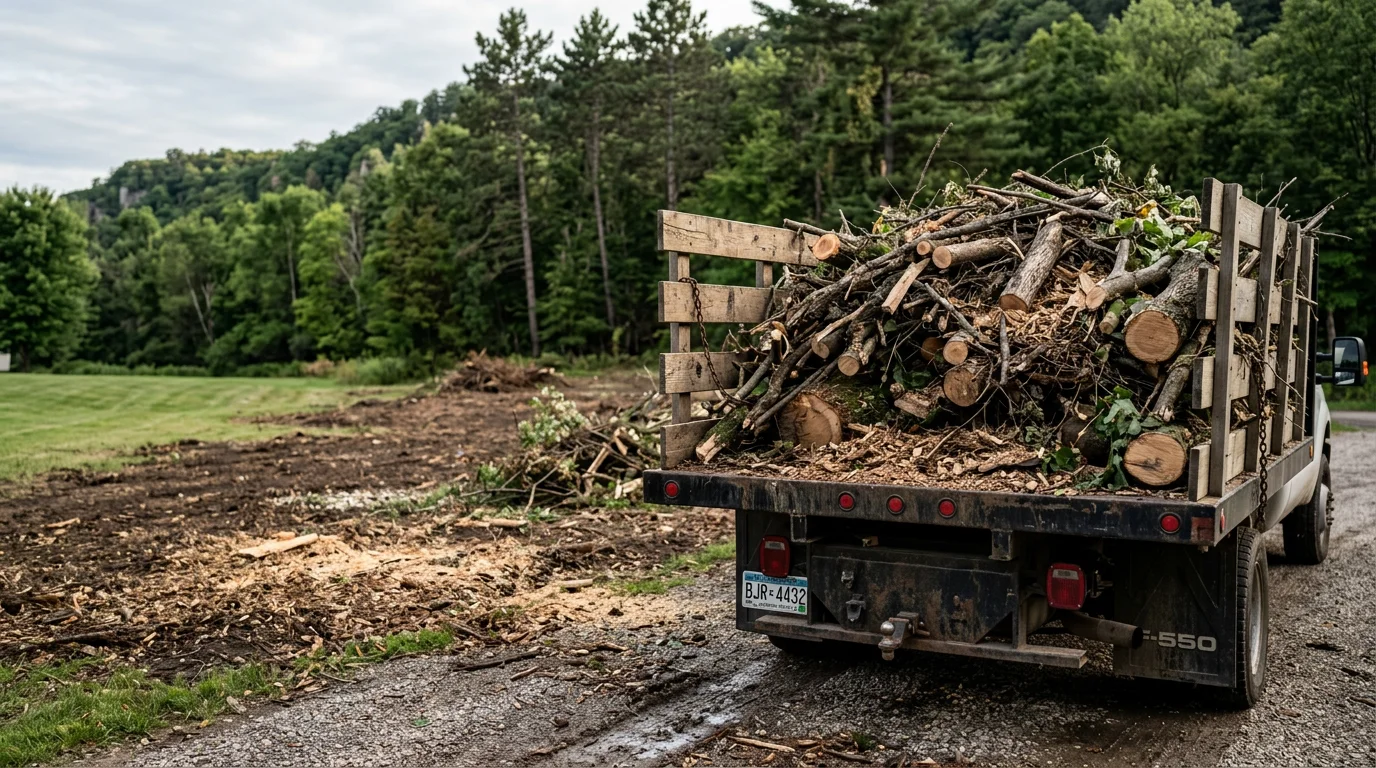 A cleared residential yard in Winona, MN with a truck loaded with tree branches and brush debris ready for hauling. The lawn is open and free of wood piles after a debris removal service.