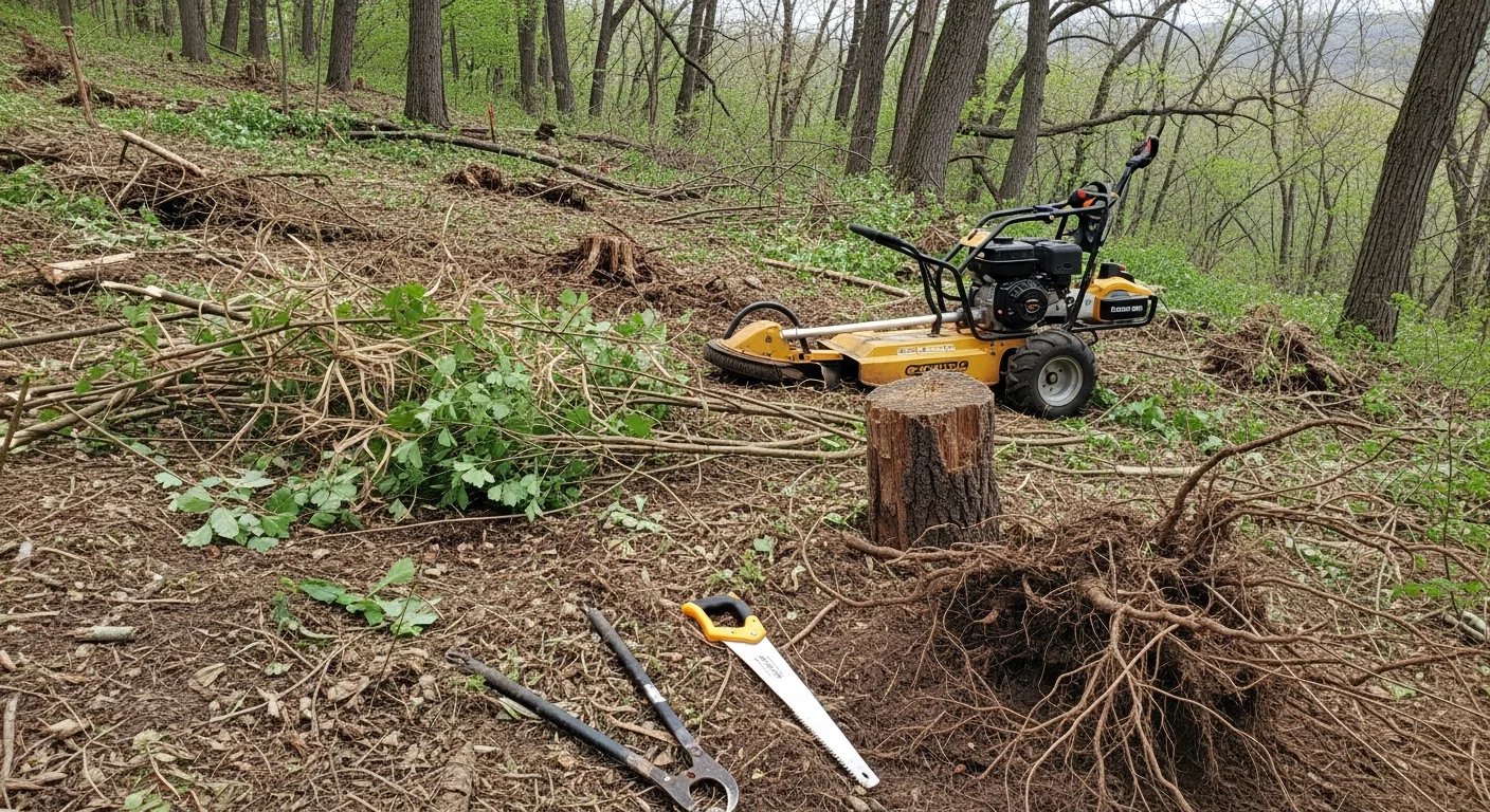 A cleared Winona, MN wooded lot after invasive buckthorn and knotweed removal, showing open ground with native vegetation preserved along the property edge. DSR Services land clearing work on a residential parcel in Winona County, Minnesota.