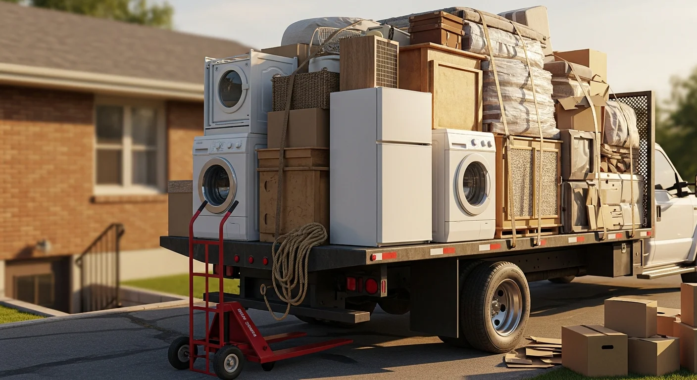 A cleared garage interior at a Winona, MN residential property after junk removal, with empty floor space where stacked furniture and bulk items previously sat. A loaded pickup truck or trailer is visible in the driveway ready for haul-away.