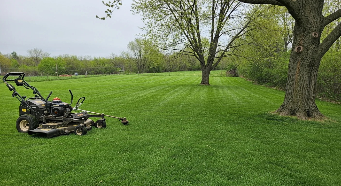 A neatly mowed and edged residential lawn in Winona, MN with clean turf lines along a concrete walkway. Surrounding trees and a defined yard perimeter reflect a maintained cool-season grass lawn after a DSR Services visit.