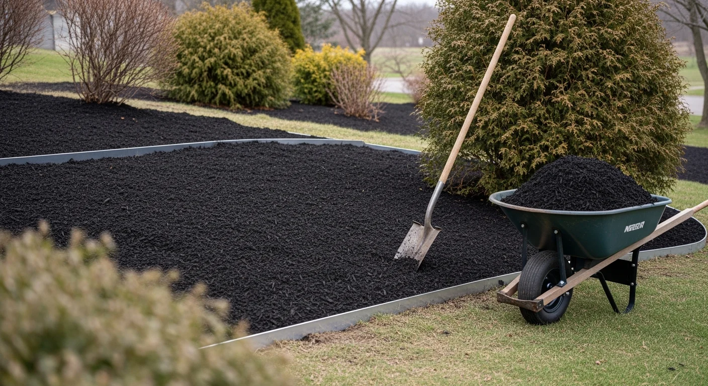 A neatly edged garden bed with fresh dark mulch along the front of a residential home in Winona, MN. Trimmed shrubs line the foundation and a clean lawn border separates the bed from the grass.