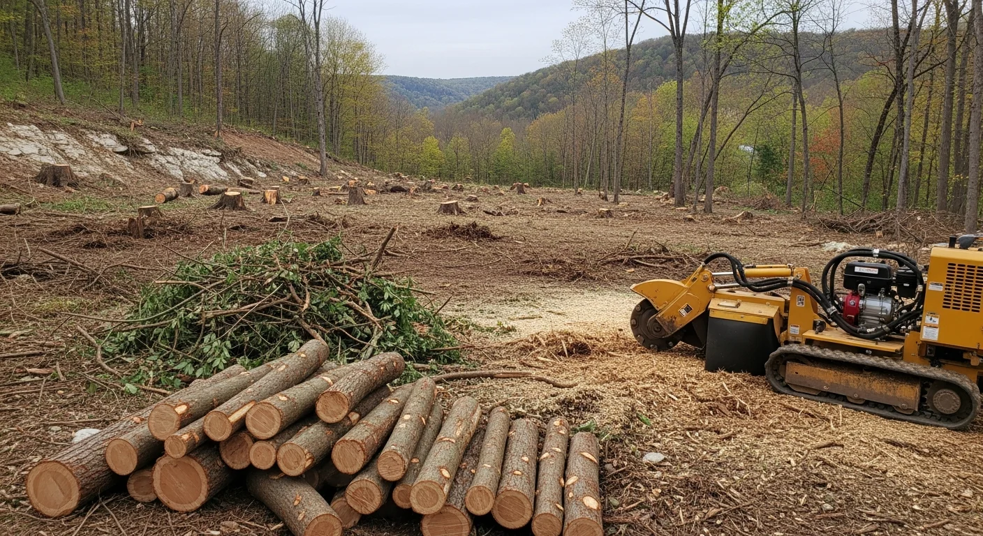A freshly cleared residential lot in Winona, MN showing open ground with stumps removed and brush gone, surrounded by bluff-country tree lines. The cleared surface is level and ready for construction or landscaping.