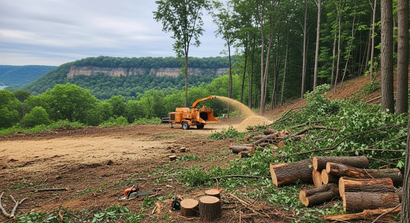 A Winona, MN residential property after overgrown brush and dense vegetation have been fully cleared by DSR Services. The lot shows open ground, visible fence lines, and removed debris along a wooded edge typical of Winona County terrain.