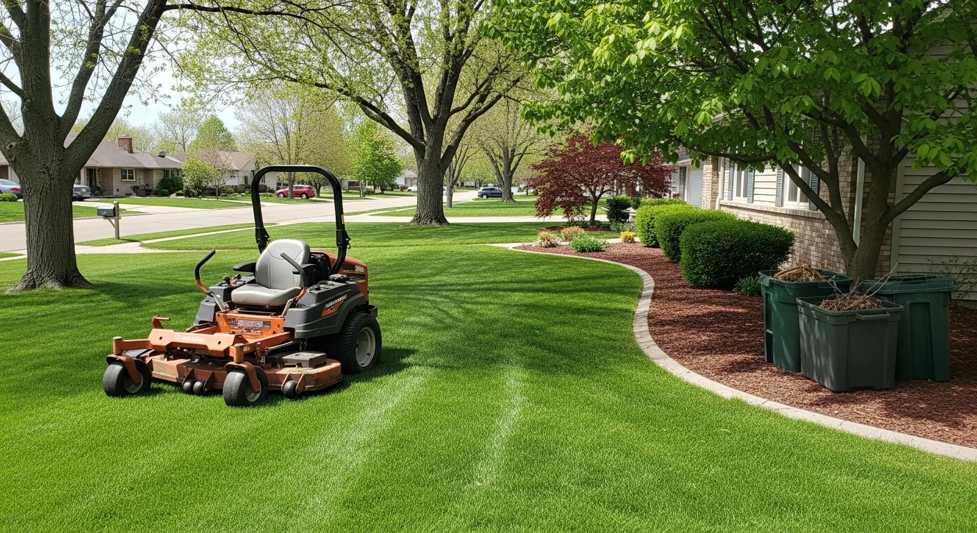 A neatly mowed and edged residential lawn in Winona, MN with trimmed shrubs and cleared garden beds along the front of an older single-family home. The yard shows clean lines and well-kept turf typical of a maintained property near the Mississippi River bluff area.