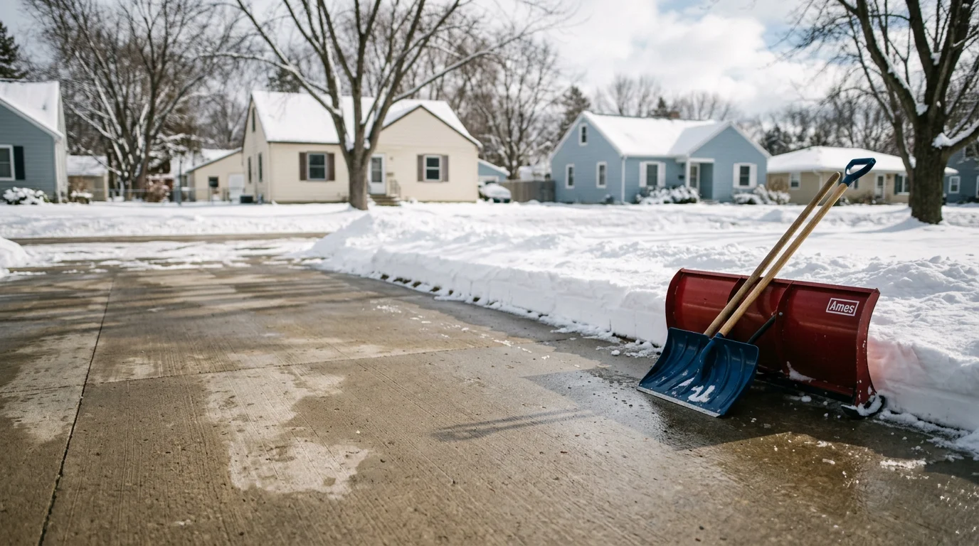A cleared residential driveway and sidewalk in Winona, MN after a heavy winter snowfall, with snow pushed cleanly to the sides and a path open to the street. The surrounding yard and neighboring properties are still snow-covered, showing the contrast of a freshly serviced property.