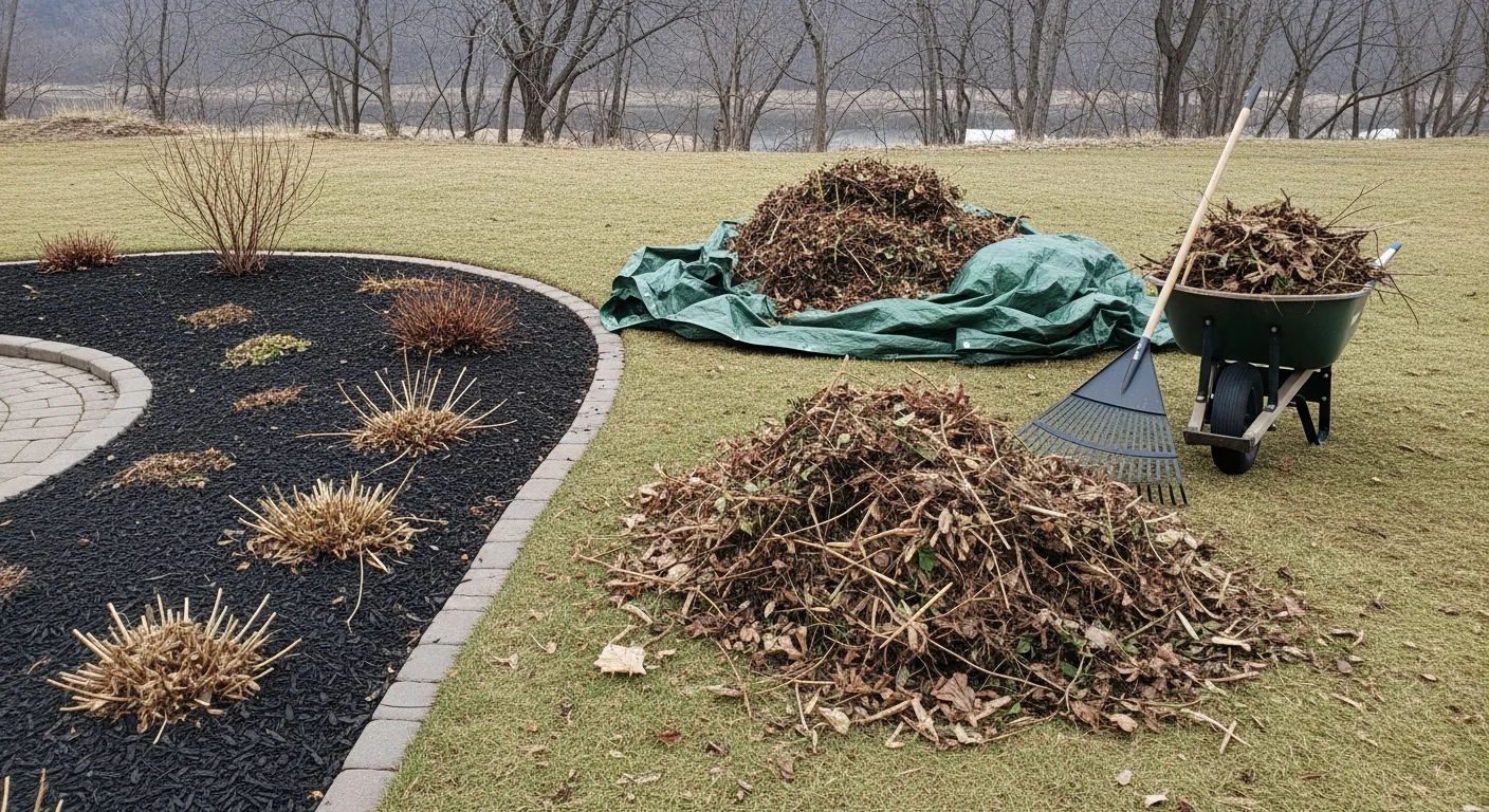 A Winona, MN residential yard after a professional spring cleanup, showing cleared garden beds, raked turf free of winter debris, and neatly edged lawn borders. A sole proprietor from DSR Services works through a bluff-area property removing dead perennial growth and scattered leaves left from the previous fall.