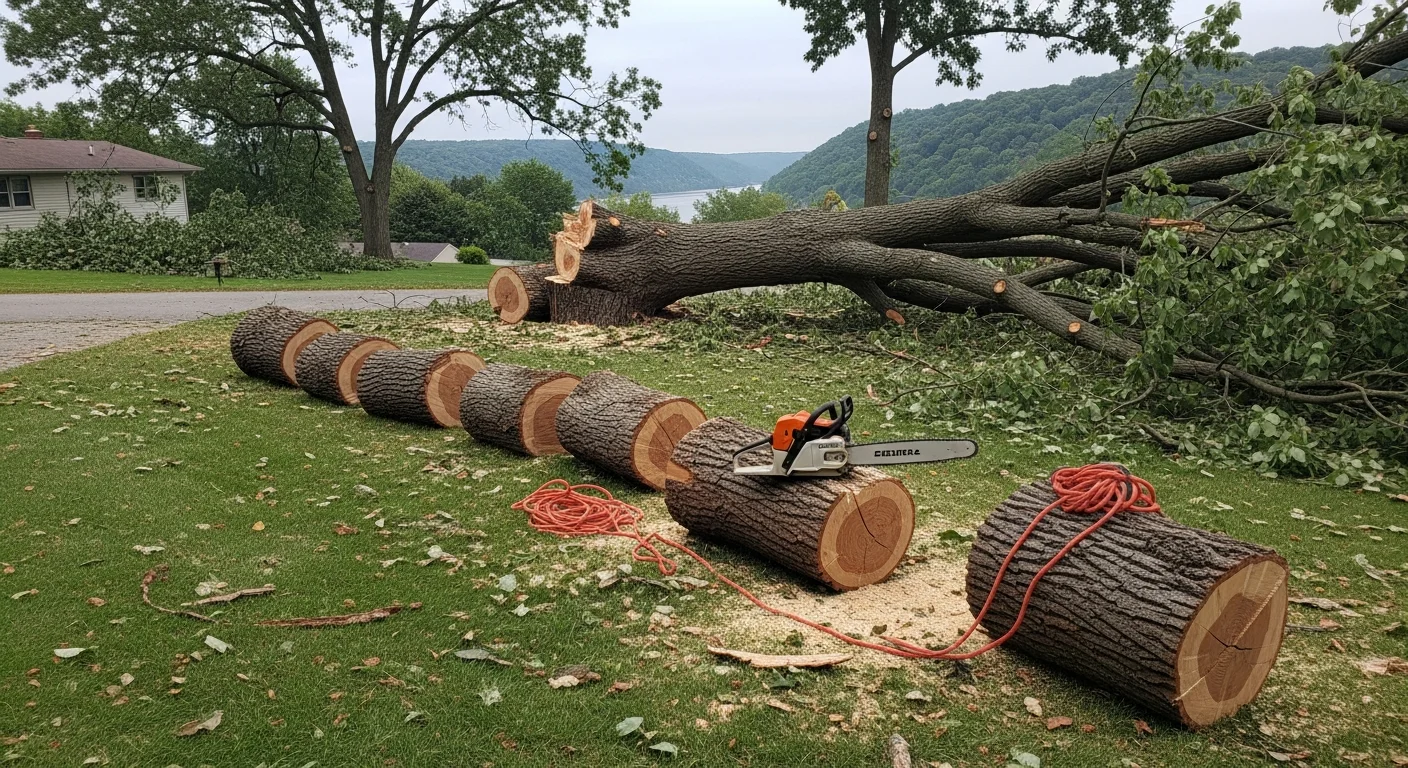 A large storm-damaged tree removed from a residential yard in Winona, MN, with cut log sections stacked near the curb and the property cleared of debris. A sole-proprietor tree service crew works beside a home with visible roof access points after a severe thunderstorm.