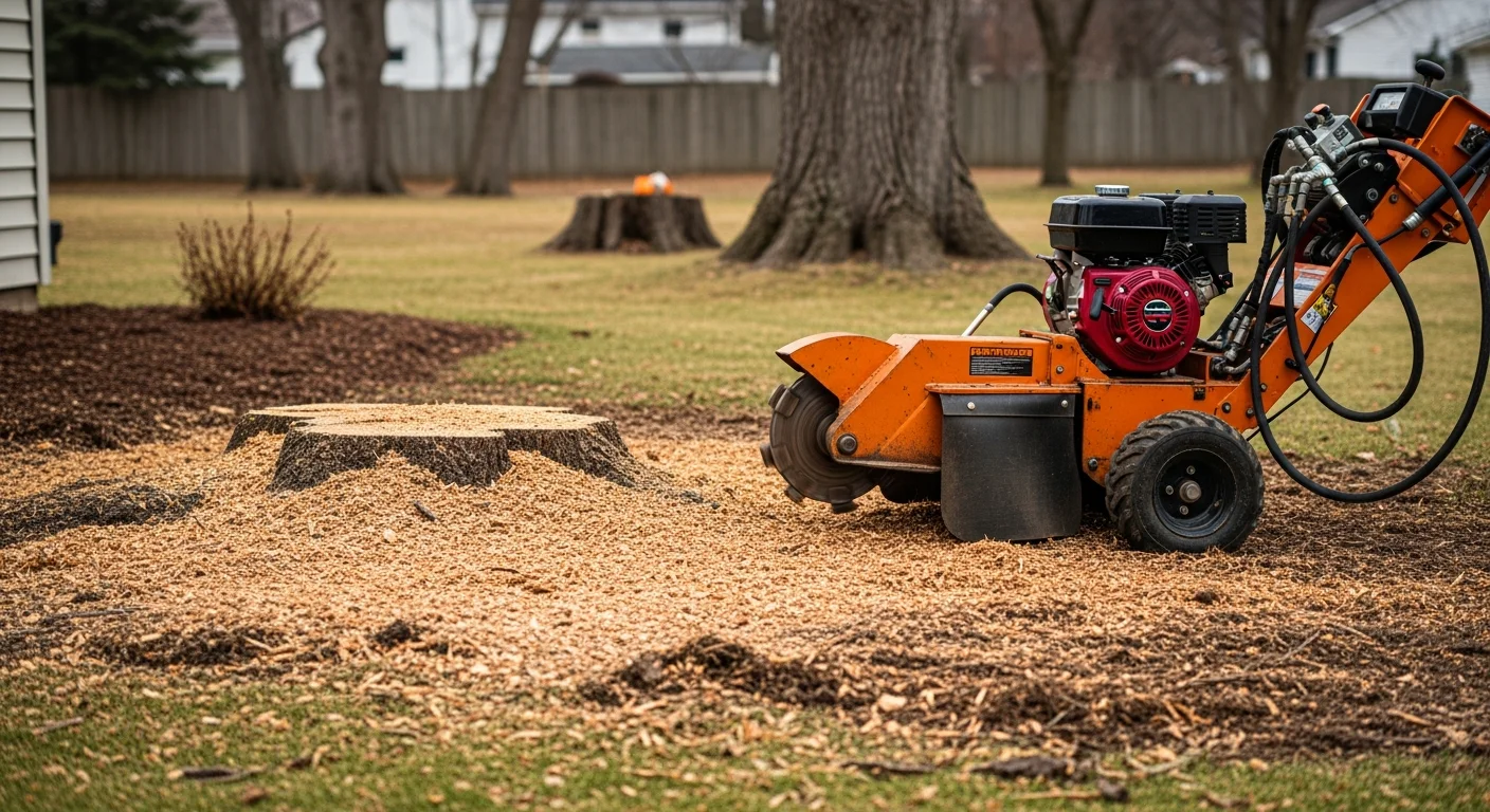 A freshly ground tree stump in a Winona, MN residential yard, with wood chip mulch filling the hole and level ground surrounding the work area. A sole proprietor tree service operator stands beside compact grinding equipment used on a tight residential lot.