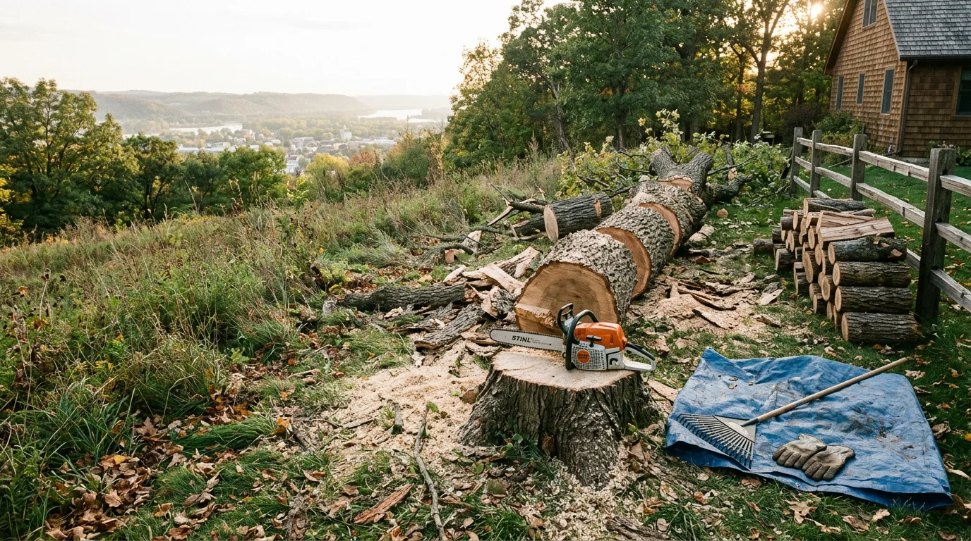 A large tree being cut down in a residential yard in Winona, MN, with cut sections on the ground and a cleared space near a home. Bluff country terrain visible in the background.