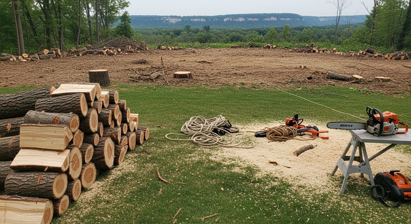 A large dead tree being sectioned and removed from a residential yard in Winona, MN. Cut logs and branches are stacked near the curb with the home's roof and fence line visible in the background.