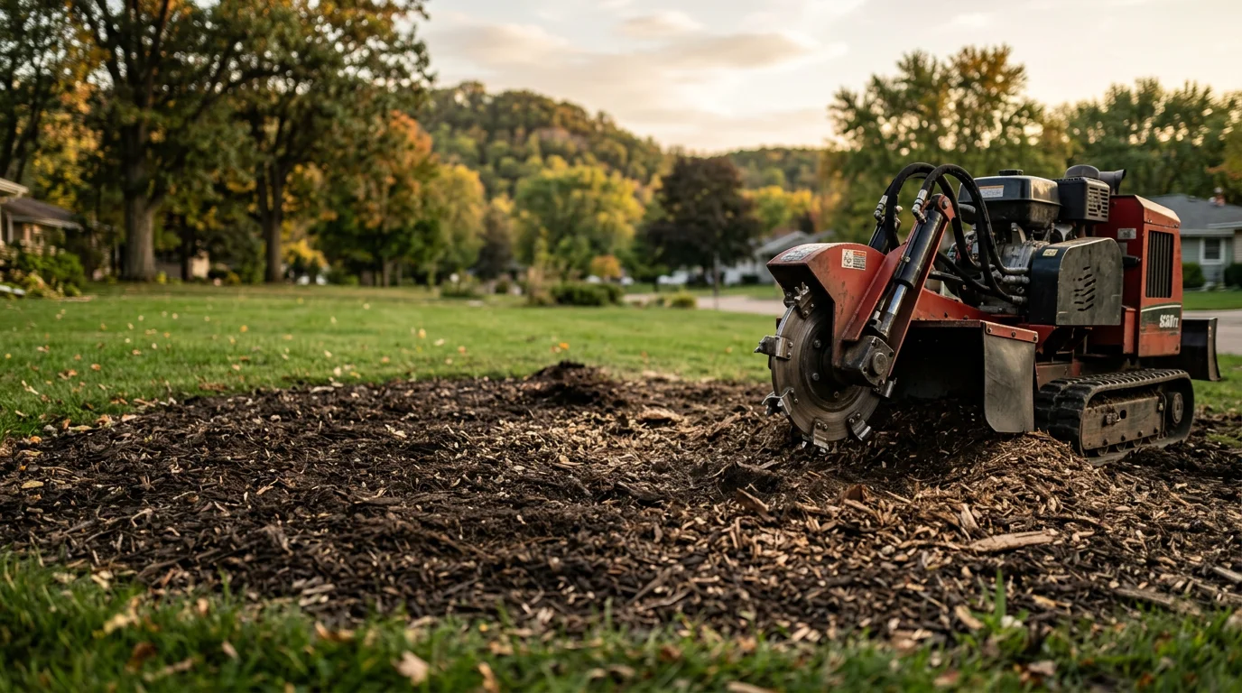 A freshly ground tree stump in a residential yard in Winona, MN, with a mound of wood chips where the stump once stood. The surrounding lawn and garden beds remain undisturbed after the stump grinding process.