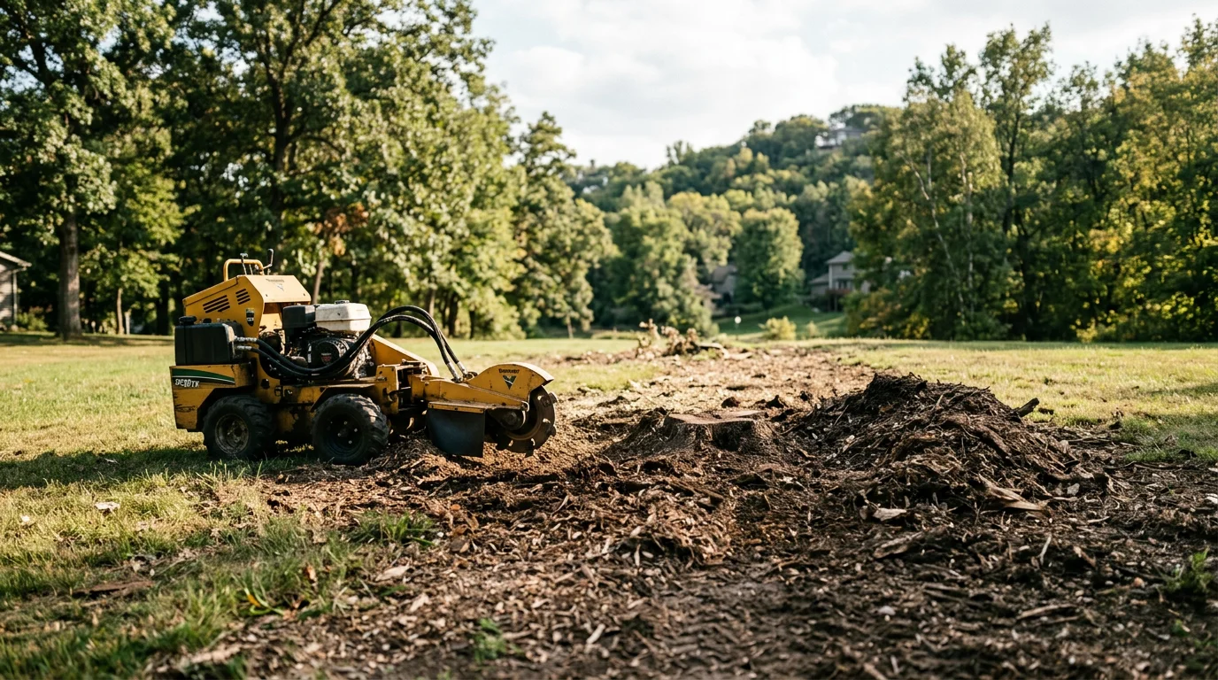 A freshly ground tree stump in a residential yard in Winona, MN, with wood chips scattered around a cleared ground-level area surrounded by lawn. The bluff landscape typical of the Winona region is visible in the background.