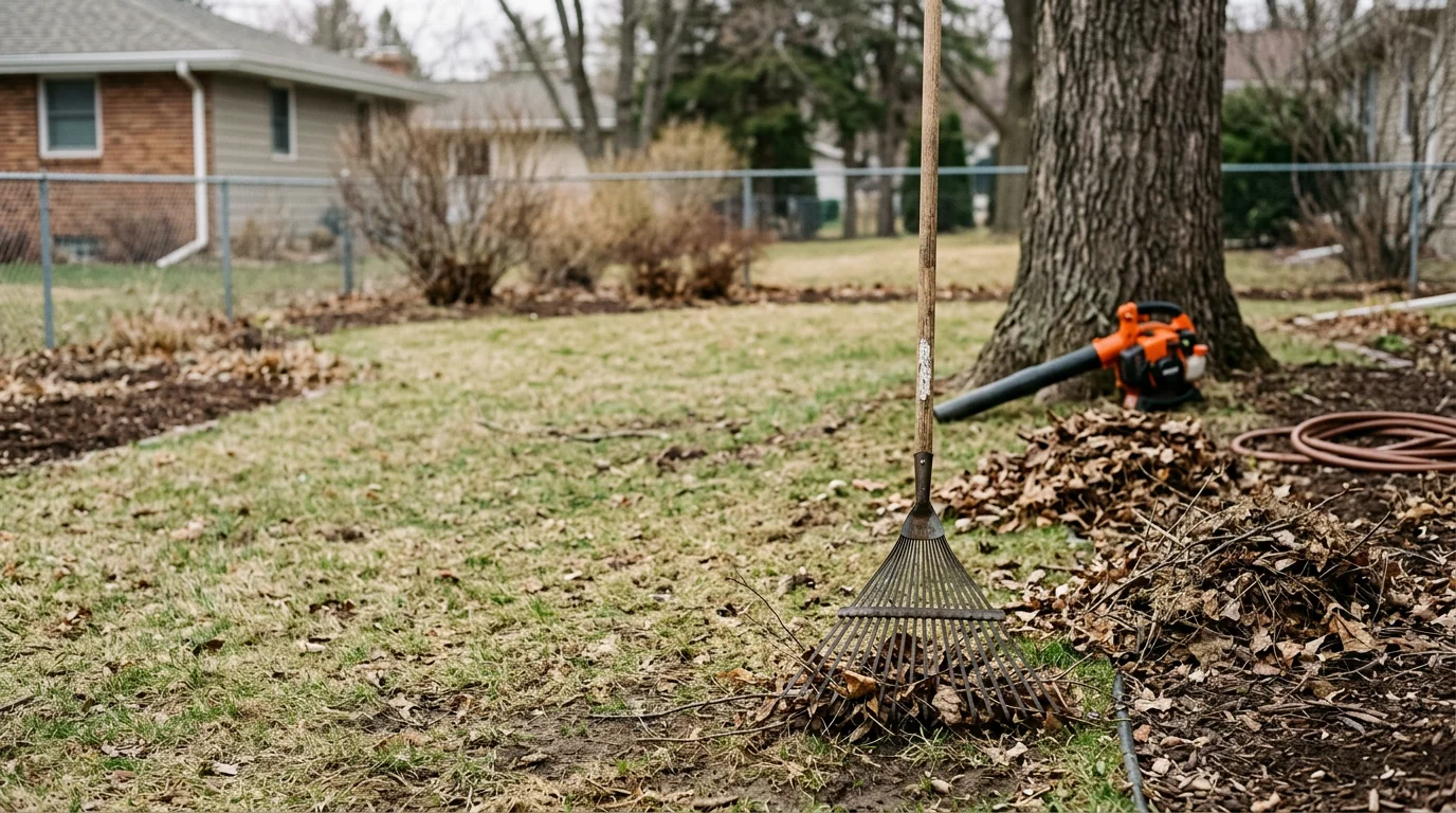 A cleared residential yard in Winona, MN with leaves, branches, and seasonal debris fully removed from the lawn and garden beds. The outdoor space is open and clean following a professional yard cleanup service by DSR Services.
