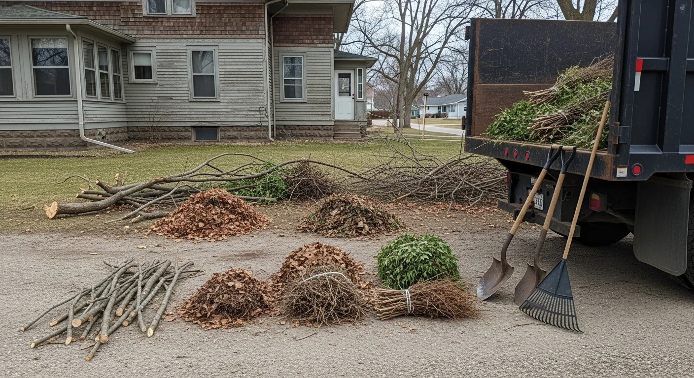 A cleared residential backyard in Winona, MN with a loaded truck bed full of branches, leaves, and brush debris ready for haul-away. A DSR Services sole proprietor loads the final pile of yard waste from the property.